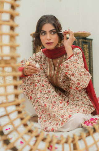 Manto Women's Ready To Wear Lawn 1 Piece Roshni Kurta Long Shirt Beige & Red Calligraphed with Random Urdu Words