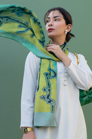 Shopmanto, wear manto pakistani clothing brand, manto ready to wear shaded green double sided husn urdu silk stole scarf with floral print and urdu calligraphy