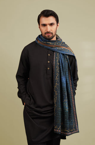 Manto's Unisex Double Sided Blue Chirag Stole featuring Urdu Calligraphy