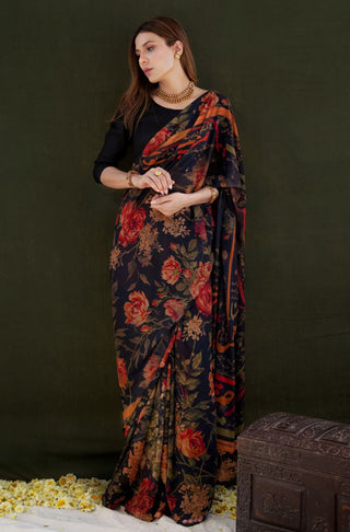 Shopmanto, wear manto pakistani clothing brand, manto floral printed black husn chiffon saree with pre stitched saree and unstitched solid black raw silk blouse and urdu calligraphy