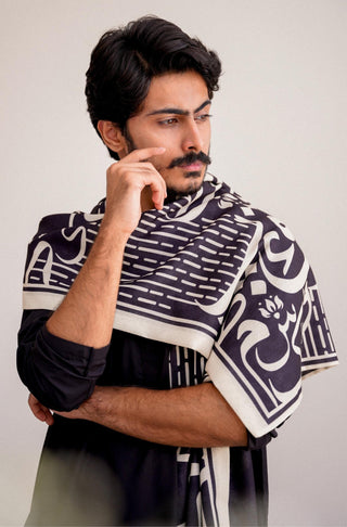 Shopmanto, wear manto pakistani clothing brand, manto ready to wear men women unisex black textured winter double sided stole scarf with random urdu letters calligraphed on stole