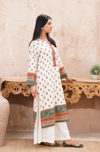 SIde Shot of Manto's Off White & Green Printed Fitrat Kurta Paired with White Wide Leg Trouser