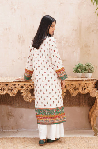 Back Detail of Manto's Off White & Green Printed Fitrat Kurta Paired with White Wide Leg Trouser