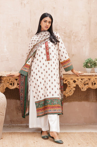 Manto's Off White & Green Printed Fitrat Kurta Paired with White Wide Leg Trouser and Printed Fitrat Green Dupatta