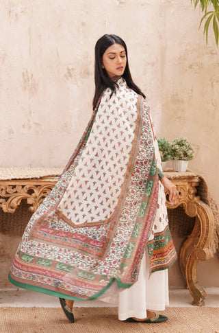 Manto's Printed Fitrat Green Dupatta Paired with Off White & Green Printed Fitrat Kurta and White Wide Leg Trouser