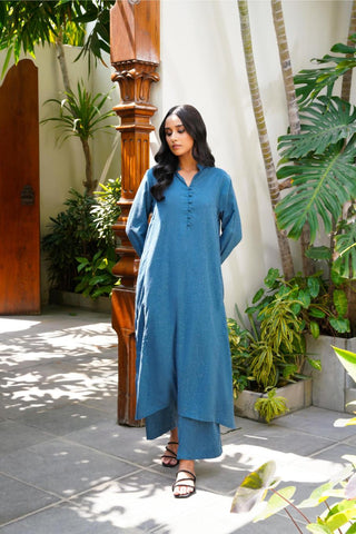 Manto Women's Ready to Wear 2 Piece Matching Solid Kalidaar Co-ord Set Teal Blue with A-line Long Kurta & Straight Trouser Pants Made from BREEZE® Technology Butter Fabric