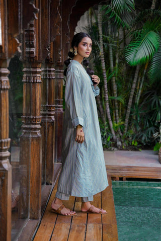 Manto Woman's Stitched Yarn Dyed 2 Piece Matching Sunehri Co-Ord Set Blue with A-Line Kurta & Straight Trouser Pants